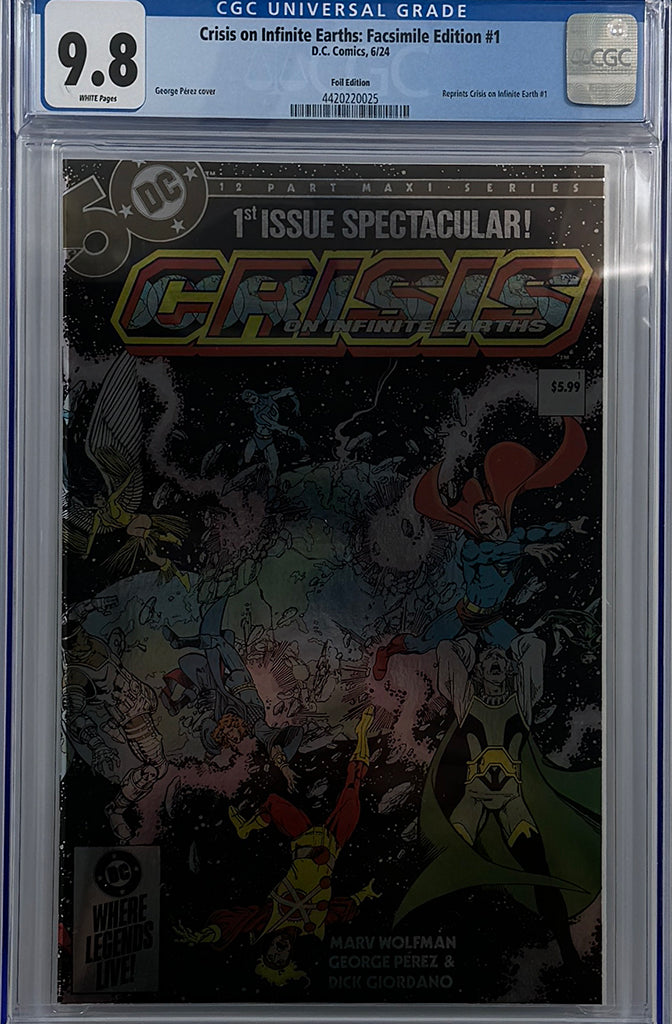 CRISIS ON INFINITE EARTHS #1 (OF 12) | FACSIMILE EDITION CVR B GEORGE PEREZ WRAPAROUND FOIL | CGC 9.8