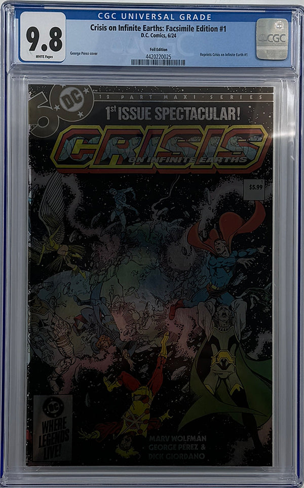 CRISIS ON INFINITE EARTHS #1 (OF 12) | FACSIMILE EDITION CVR B GEORGE PEREZ WRAPAROUND FOIL | CGC 9.8