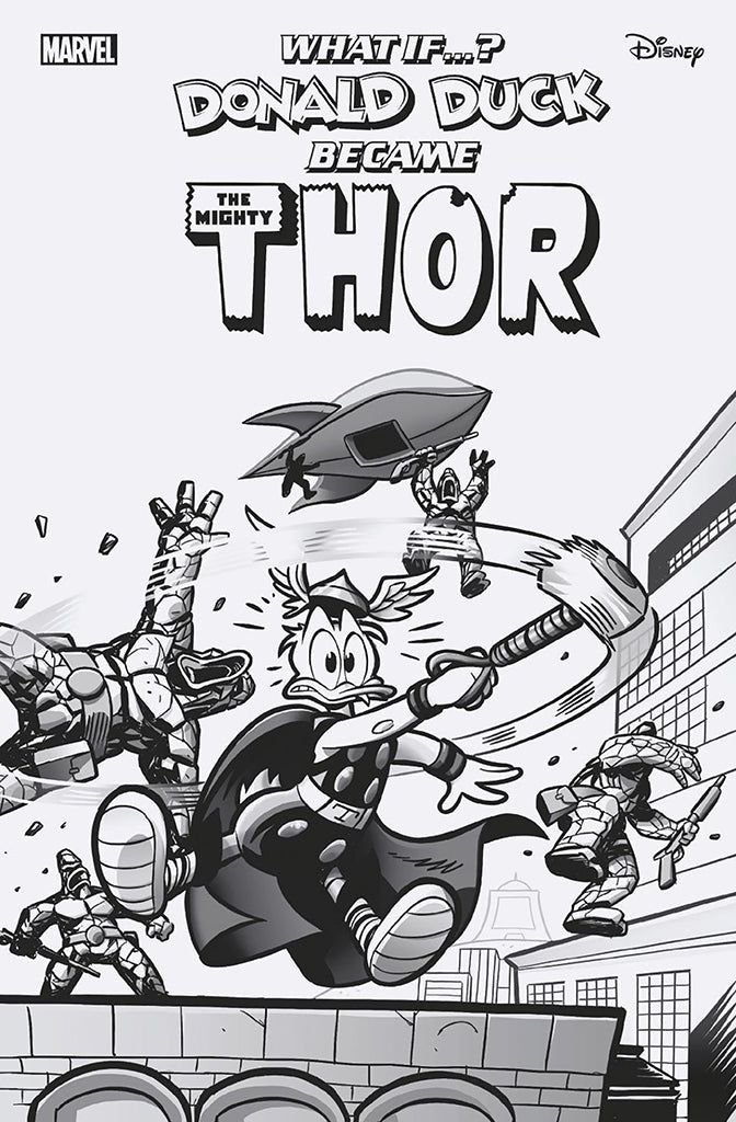 MARVEL & DISNEY: WHAT IF...? DONALD DUCK BECAME THOR #1 | LORENZO PASTROVICCHIO BL ACK AND WHITE 1:100 RATIO VARIANT