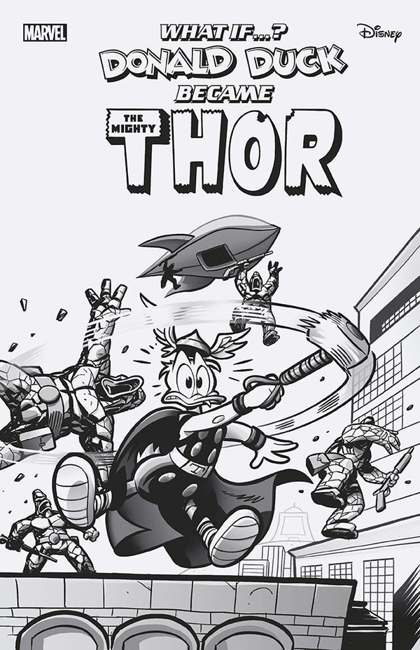 MARVEL & DISNEY: WHAT IF...? DONALD DUCK BECAME THOR #1 | LORENZO PASTROVICCHIO BL ACK AND WHITE 1:100 RATIO VARIANT